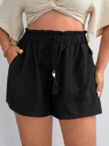 SHEIN VCAY Quần Short kích thước lớn mép Túi Quần paper-bag màu trơn Boho - màu đen - Xem 3