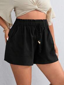 SHEIN VCAY Quần Short kích thước lớn mép Túi Quần paper-bag màu trơn Boho - màu đen - Xem 4