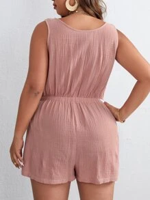 SHEIN VCAY 大碼前紐扣腰上打結連身短褲 - 藕粉色 - 查看 3