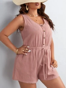 SHEIN VCAY 大碼前紐扣腰上打結連身短褲 - 藕粉色 - 查看 4