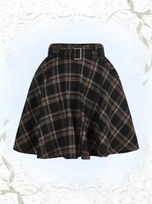ROMWE Kawaii Plaid Print Belted Flare Skirt - Multicolor - View 1