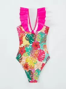 Tropical Print Ruffle Trim Cut Out Ruched Bust One Piece Swimsuit - Multicolor - View 2
