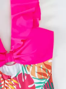 Tropical Print Ruffle Trim Cut Out Ruched Bust One Piece Swimsuit - Multicolor - View 3