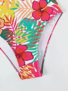 Tropical Print Ruffle Trim Cut Out Ruched Bust One Piece Swimsuit - Multicolor - View 4