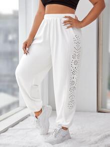 SHEIN Daily&Casual Plus Laser Cut Out Side Joggers - White - View 1
