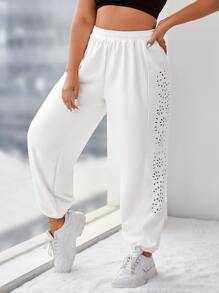 SHEIN Daily&Casual Plus Laser Cut Out Side Joggers - White - View 3