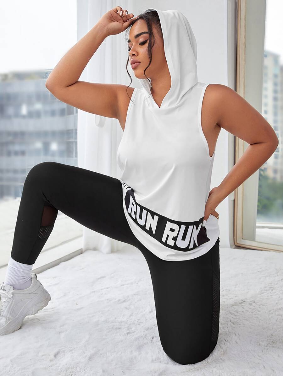 Plus Letter Graphic Hooded Sports Tank Top - Black and White - View 1