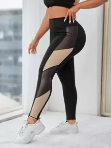 Plus Colourblock Sports Leggings - Black - View 1