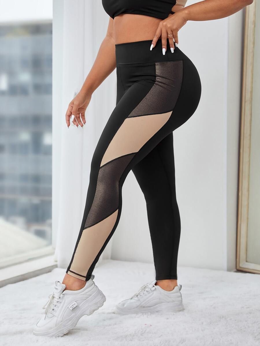 Plus Colourblock Sports Leggings - Black - View 1