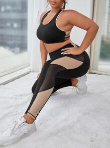 Plus Colourblock Sports Leggings - Black - View 5