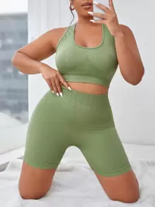 Yoga Basic Conjunto deportivo unicolor tejido de canalé - Verde - Ver 1