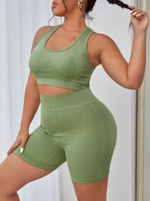 Yoga Basic Conjunto deportivo unicolor tejido de canalé - Verde - Ver 5