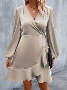 EMERY ROSE Lantern Sleeve Knot Side Ruffle Trim Wrap Satin Dress Fall Cloth For Women