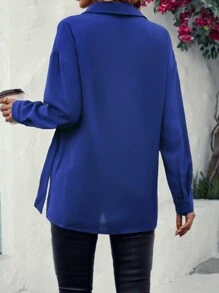 SHEIN LUNE Áo sơ mi nữ Uốn nếp Nút phía trước màu trơn Giải trí - Xanh đậm - Xem 2