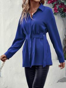 SHEIN LUNE Áo sơ mi nữ Uốn nếp Nút phía trước màu trơn Giải trí - Xanh đậm - Xem 3