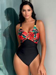Tropical Print Ruched One Piece Swimsuit - Black - View 1