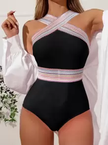 Bộ đồ bơi một mảnh sọc chéo, cho kỳ nghỉ hè ở bãi biển - màu đen - Xem 1