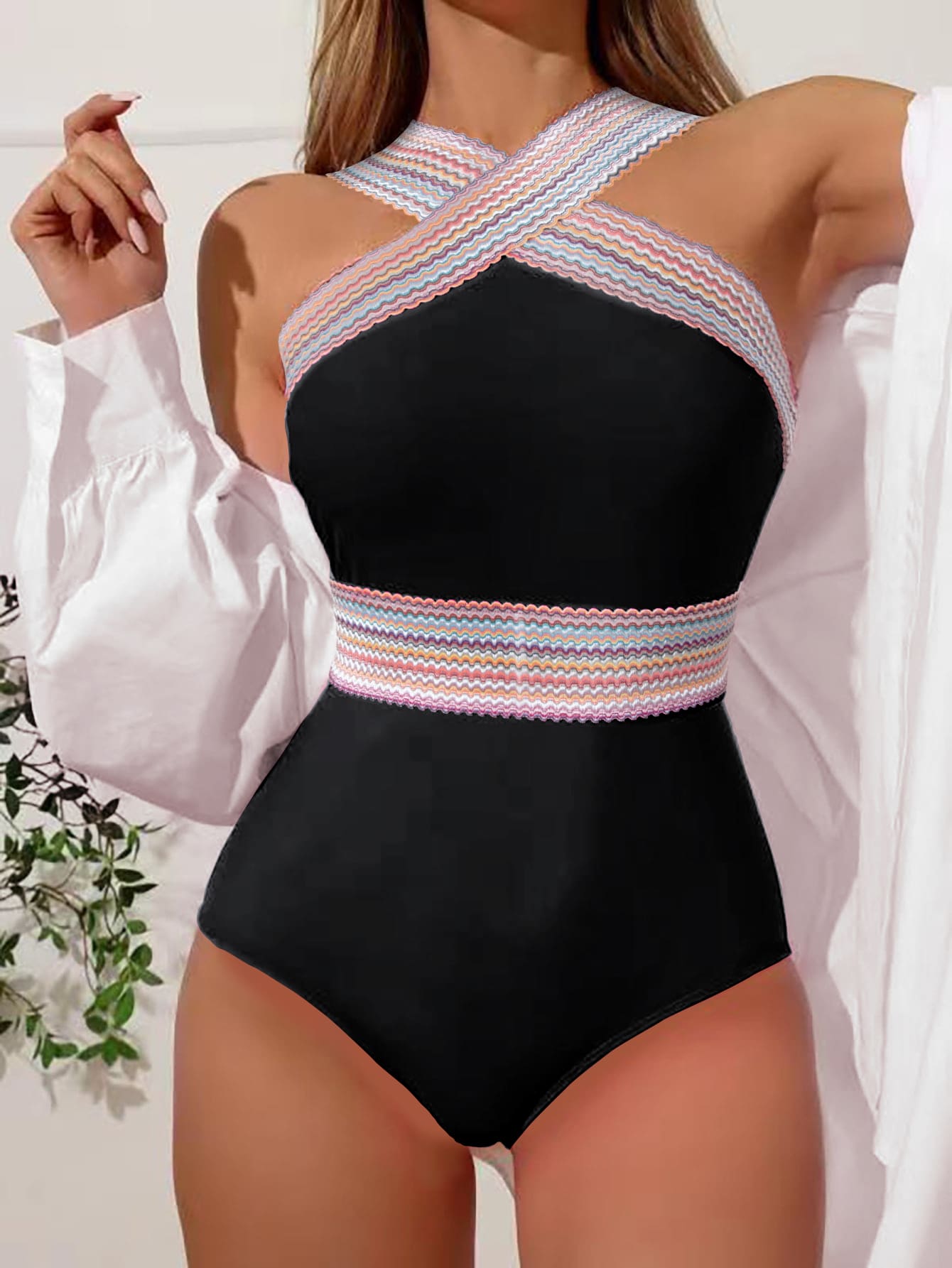 Bộ đồ bơi một mảnh sọc chéo, cho kỳ nghỉ hè ở bãi biển - màu đen - Xem 1