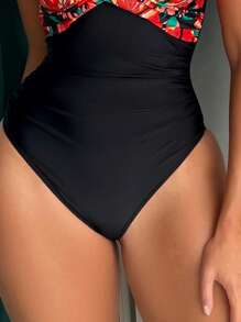 Tropical Print Ruched One Piece Swimsuit - Black - View 3