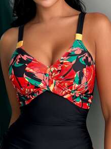 Tropical Print Ruched One Piece Swimsuit - Black - View 4