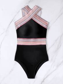 Bộ đồ bơi một mảnh sọc chéo, cho kỳ nghỉ hè ở bãi biển - màu đen - Xem 5