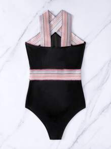 Bộ đồ bơi một mảnh sọc chéo, cho kỳ nghỉ hè ở bãi biển - màu đen - Xem 6