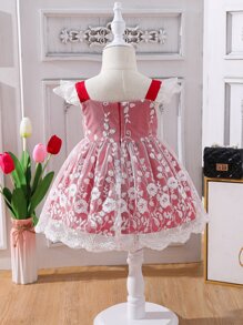 SHEIN 嬰兒花卉刺繡拼接蕾絲前蝴蝶結連衣裙 - 紅白色 - 查看 2