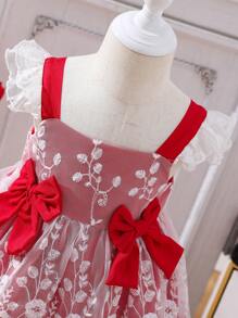 SHEIN 嬰兒花卉刺繡拼接蕾絲前蝴蝶結連衣裙 - 紅白色 - 查看 3