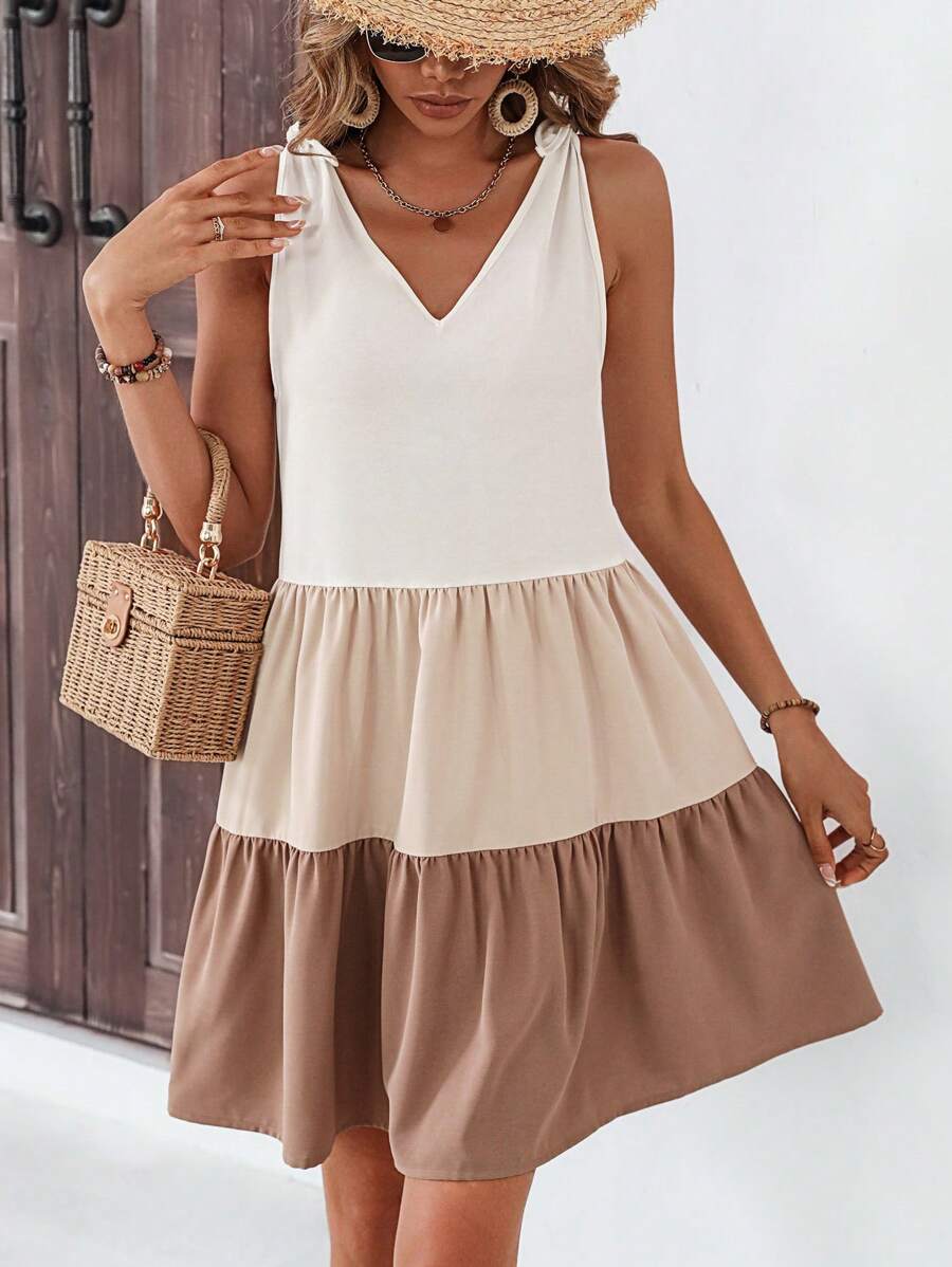 Breezaya 女式拼色荷叶边下摆罩衫连衣裙度假海滩装 - 彩色 - 查看 1