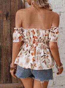 SHEIN VCAY Áo sơ mi nữ viền lá sen Viên lá sen Hoa Boho - Màu be - Xem 3