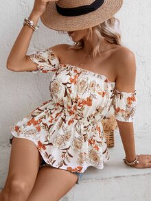 SHEIN VCAY Áo sơ mi nữ viền lá sen Viên lá sen Hoa Boho - Màu be - Xem 4