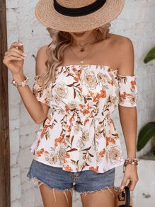 SHEIN VCAY Áo sơ mi nữ viền lá sen Viên lá sen Hoa Boho - Màu be - Xem 5