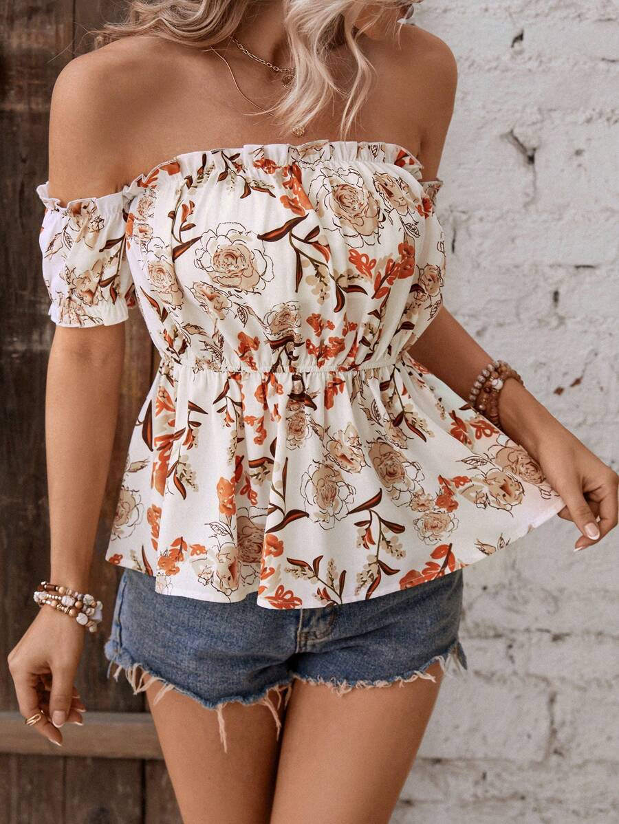 SHEIN VCAY Áo sơ mi nữ viền lá sen Viên lá sen Hoa Boho - Màu be - Xem 1