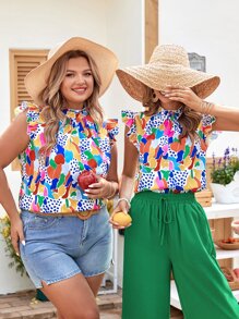 SHEIN Clasi 1pc Allover Print Ruffle Trim Mock Neck Spring Blouse - Multicolor - View 5