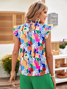 SHEIN Clasi 1pc Allover Print Ruffle Trim Mock Neck Spring Blouse - Multicolor - View 7