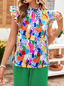 SHEIN Clasi 1pc Allover Print Ruffle Trim Mock Neck Spring Blouse - Multicolor - View 8