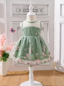 Baby Floral Embroidery Mesh Overlay Dress - Green - View 1