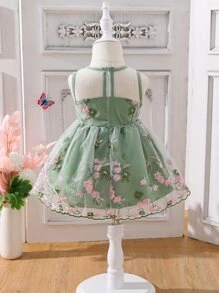 Baby Floral Embroidery Mesh Overlay Dress - Green - View 2
