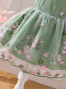 Baby Floral Embroidery Mesh Overlay Dress - Green - View 3