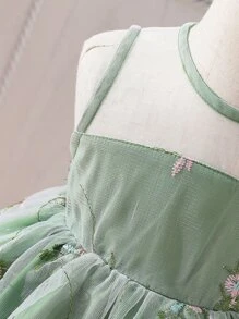 Baby Floral Embroidery Mesh Overlay Dress - Green - View 4