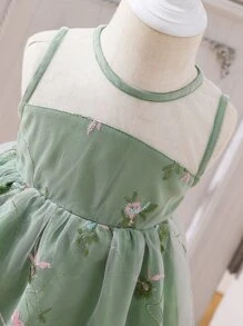 Baby Floral Embroidery Mesh Overlay Dress - Green - View 5