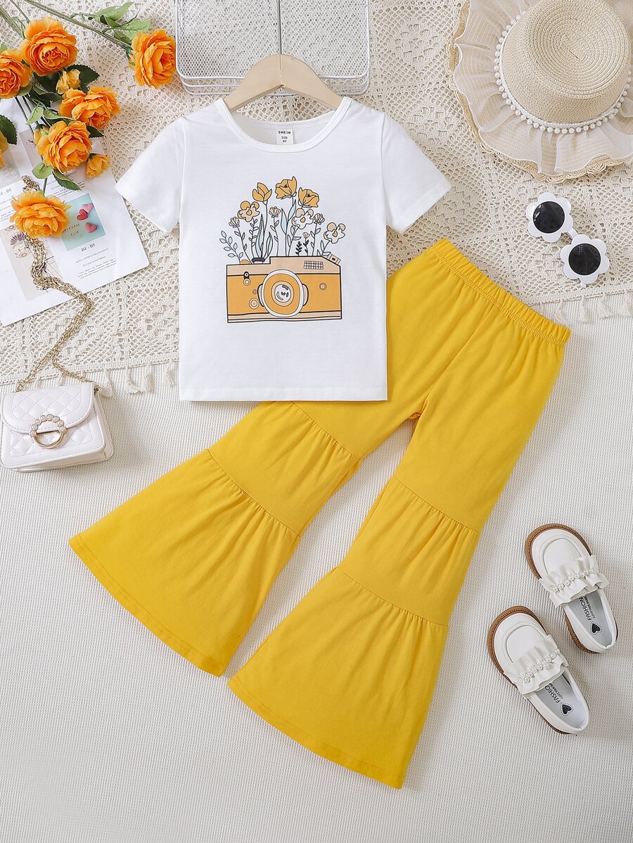 SHEIN 女小童休閒印花白色上衣和黃色拼塊喇叭褲套裝適合夏天 - 彩色 - 查看 1