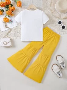 SHEIN 女小童休閒印花白色上衣和黃色拼塊喇叭褲套裝適合夏天 - 彩色 - 查看 2