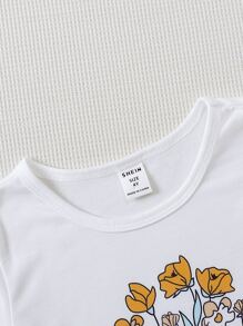 SHEIN 女小童休閒印花白色上衣和黃色拼塊喇叭褲套裝適合夏天 - 彩色 - 查看 4