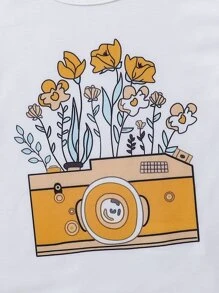 SHEIN 女小童休閒印花白色上衣和黃色拼塊喇叭褲套裝適合夏天 - 彩色 - 查看 5