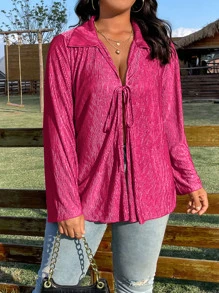 SHEIN LUNE 大碼前繫帶翻領領襯衫 - 玫紅色 - 查看 3