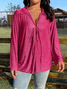 SHEIN LUNE 大碼前繫帶翻領領襯衫 - 玫紅色 - 查看 5