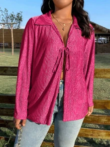 SHEIN LUNE 大碼前繫帶翻領領襯衫 - 玫紅色 - 查看 7