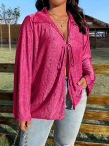 SHEIN LUNE 大碼前繫帶翻領領襯衫 - 玫紅色 - 查看 8