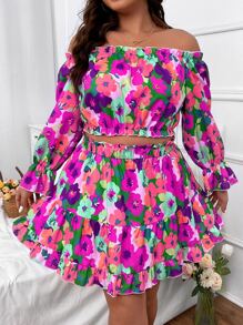 SHEIN SunnyBelle 大碼印花一字肩荷葉袖上衣和荷葉邊半身裙 - 玫紅色 - 查看 4